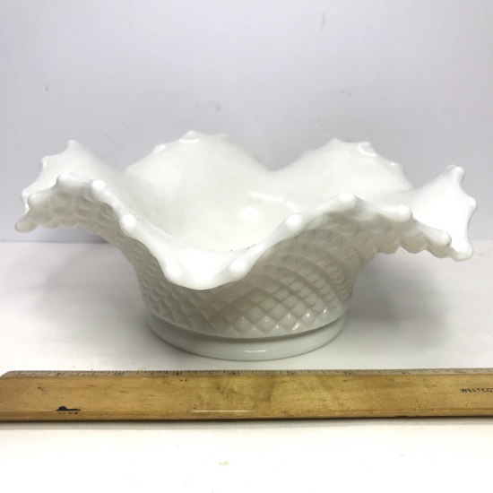 Vintage Diamond Pattern Milk Glass Ruffled Edge Bowl