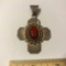 Sterling Silver Cross Pendant w/Red Stone Center