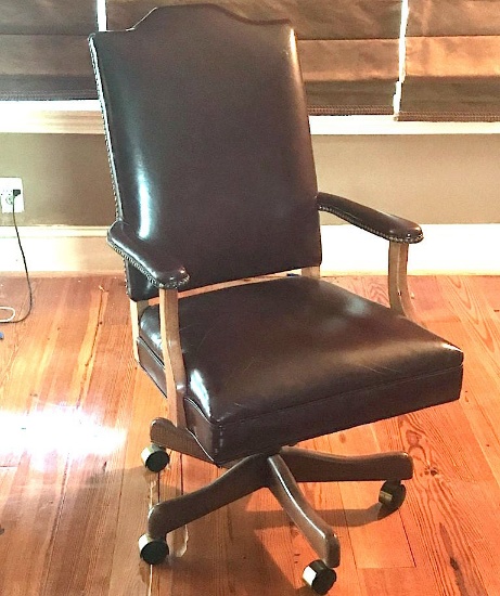 Rolling Office Chair w/ Wood Arms & Base and Leather Upholstered Back, Arms & Seat with Brass Brads