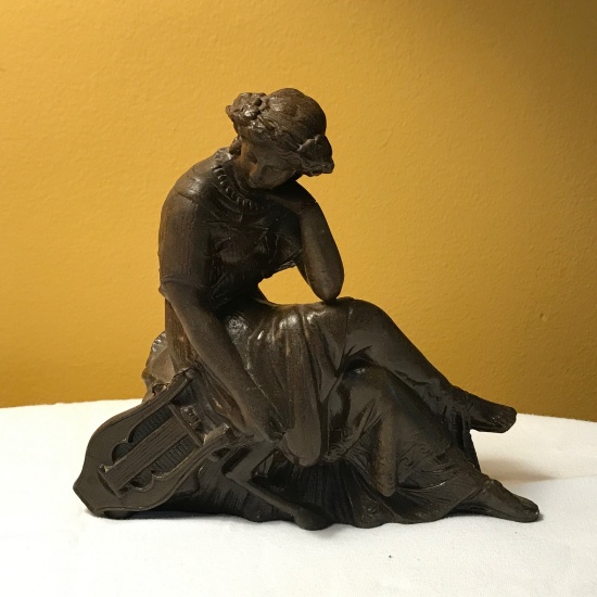 Vintage Bronze Woman w/Harp Figurine