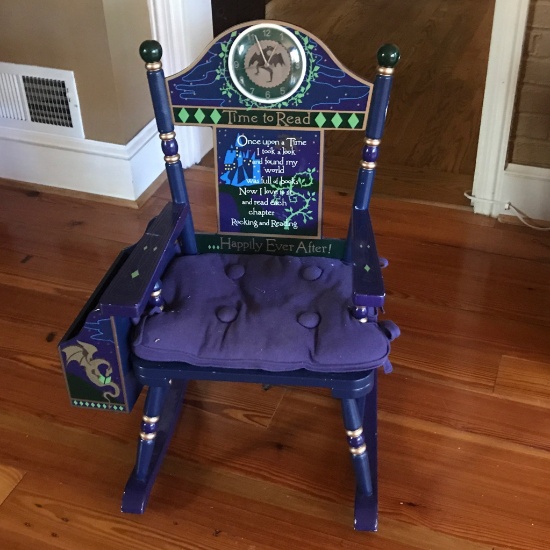 Adorable Child's Fairy Tale Rocking Chair w/Dragon Clock and Side Book Holder