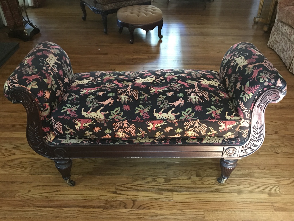 Lot Vintage Bench W Rolled Arms Ornately Carved Wood On Casters Vintage Bench W Rolled Arms Ornately Carved Wood On Casters By Statesville Chair Company