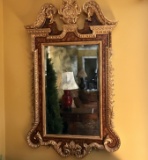 Impressive Beveled Mirror in Burled Wood Chippendale Gilt Frame with Ornate Gilt Accents