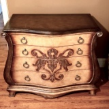 4 Drawer Bombay Chest w/Heavily Decorative Carving & Leather Inlay Top