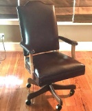 Rolling Office Chair w/ Wood Arms & Base and Leather Upholstered Back, Arms & Seat with Brass Brads