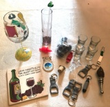 Lot of Misc Shot Glasses, Bottle Openers, Stoppers, and Glasses