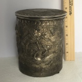 Embossed Monkey Lidded Silver Plate Canister  Made in India