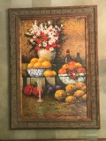 Impressive Original Oil of Canvas w/Vibrant Flowers & Fruit in Gorgeous Ornate Frame Signed