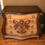 4 Drawer Bombay Chest w/Heavily Decorative Carving & Leather Inlay Top