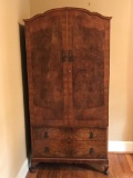 Delicate Burled Walnut Locking Armoire w/Top Cabinet & 2 Dovetailed Drawers, Brass Rod, Glass Front