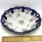 Vintage Porcelain Cobalt Floral Encrusted Gold Ruffled Bowl