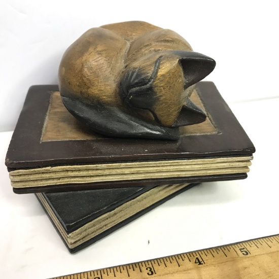 Carved Wood Cat Napping on Books Figurine