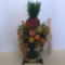 Artificial Fruit Arrangement in Green Glass Vase & Brass Base w/Gold Accent