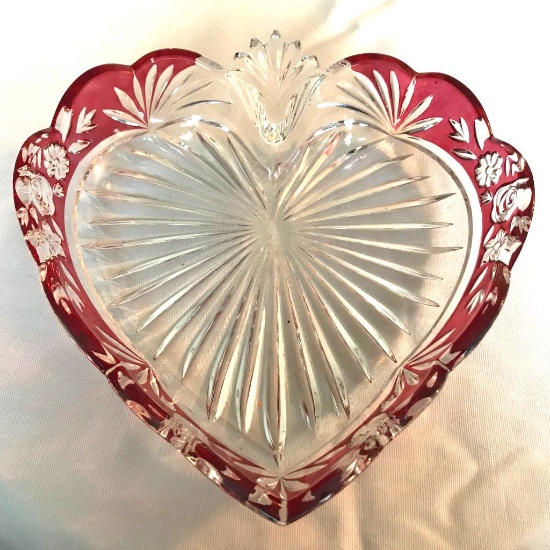 Etched Glass Cranberry Heart Dish