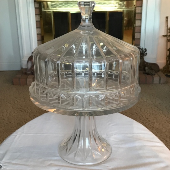 Heavy Vintage Glass Pedestal Lidded Cake Plate