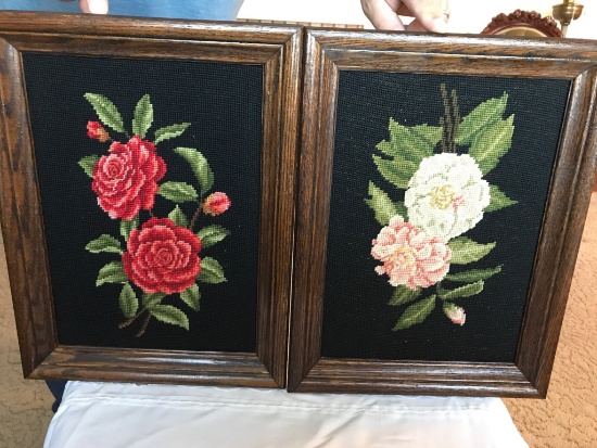 Pair of Vintage Needlepoint Rose Pictures in Mahogony Frames