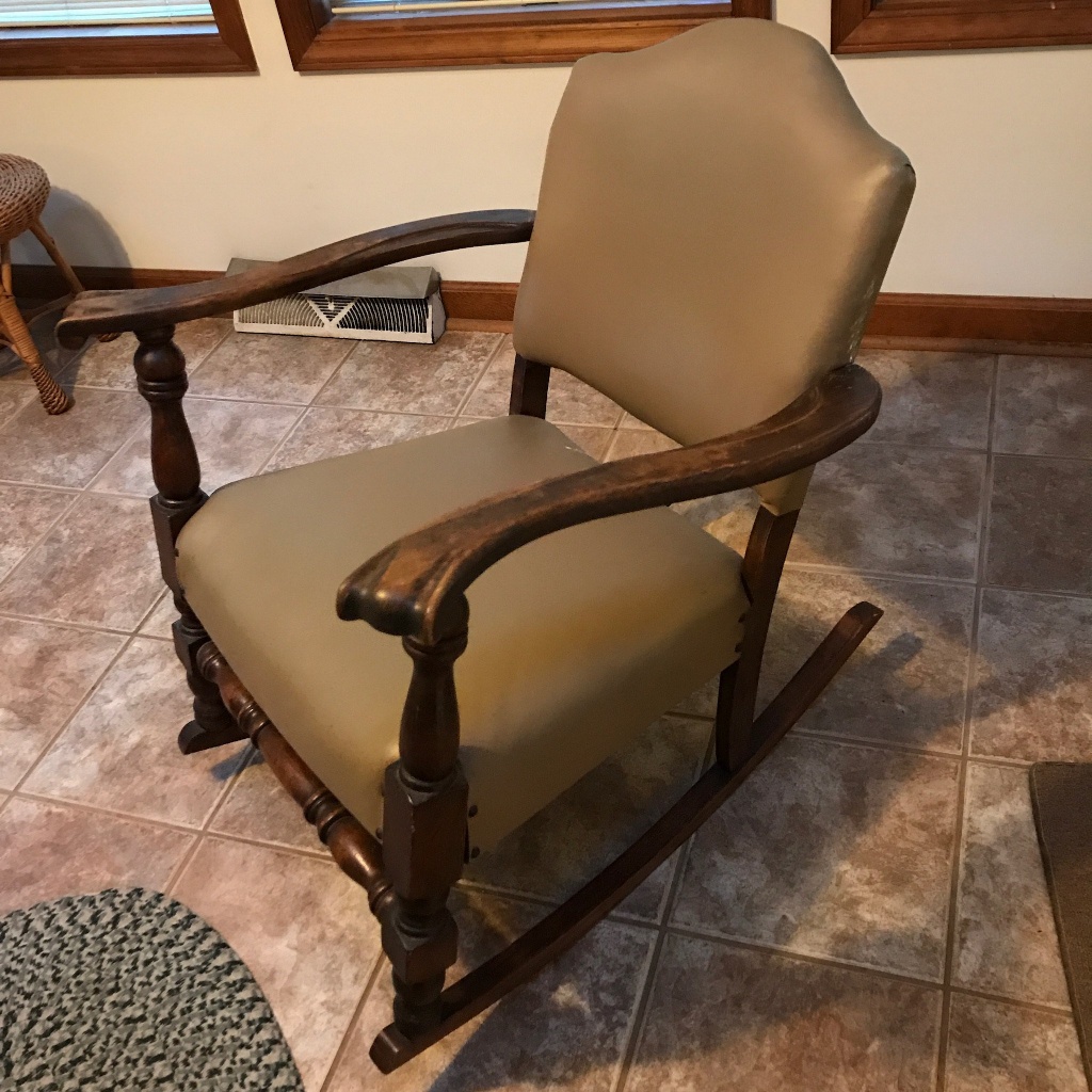 Vintage Wooden Rocker W Vinyl Auctions Proxibid Vintage Wooden Rocker W Vinyl Seat Back