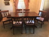Double Pedestal Mahogany Duncan Phyfe Style Table w/6 Upholstered Chairs