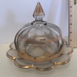 Vintage Glass Cheese Dome & Dish w/Gold Accent