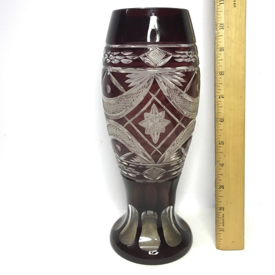 Beautiful 10-1/2" Ruby Cut to Clear Vase