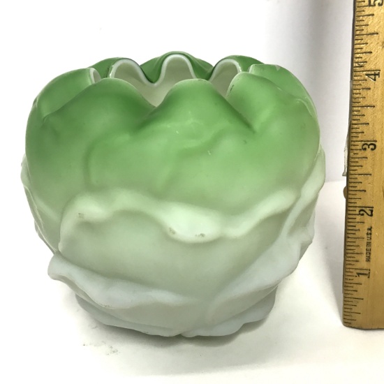 Green Satin Glass Rose Bowl with Pedals & Crimped Edge
