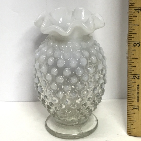 Fenton Hobnail Opalescent Moonstone Short Vase with Ruffled Edge
