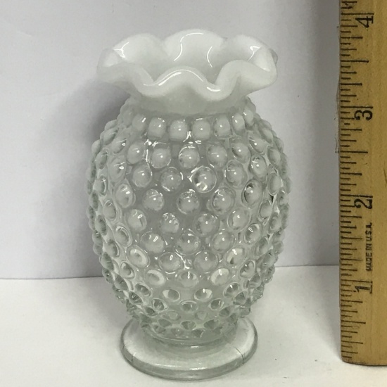 Fenton Hobnail Opalescent Moonstone Short Vase with Ruffled Edge