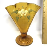 Vintage Hand Painted Amber Glass Fan Shaped Vase