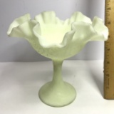 Vintage Fenton Custard Glass Pedestal Bowl with Ruffled Edge Signed