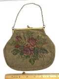 Antique Rose Design Petit Point Purse with Swivel Coin Purse