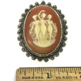 Pretty Cameo with 3 Ladies Brooch/Slider