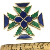 Vintage Blue & Green Enamel Gold Tone Brooch Signed 