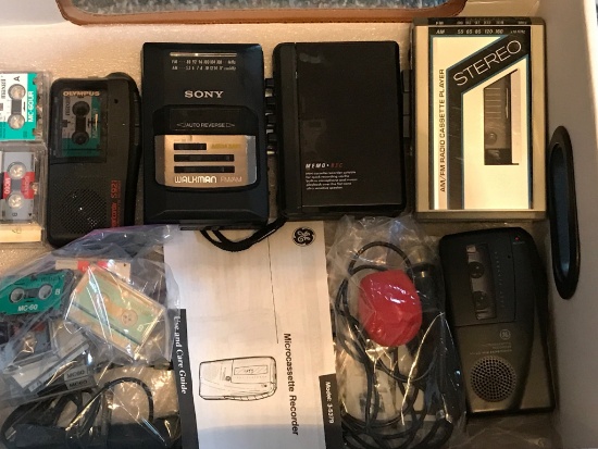 Lot of Micro Cassette Recorders, Sony Walkman, AM/FM Cassette Player, Tapes & Acces.