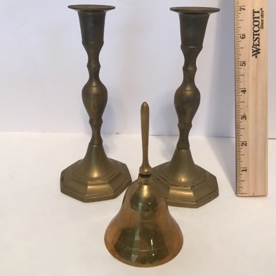 Vintage Brass Candlesticks & Bell
