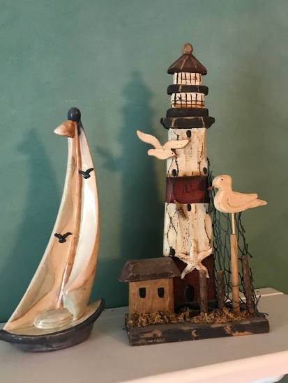 Decorative Wooden Lighthouse & Ceramic Ship Figurines