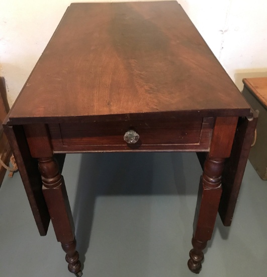 Vintage Burled Walnut Drop Leaf Table w/Drawer & Glass Knob