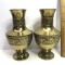 Pair of Vintage Brass Korean Vases with Embossed Rose Design