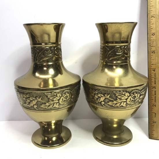 Pair of Vintage Brass Korean Vases with Embossed Rose Design