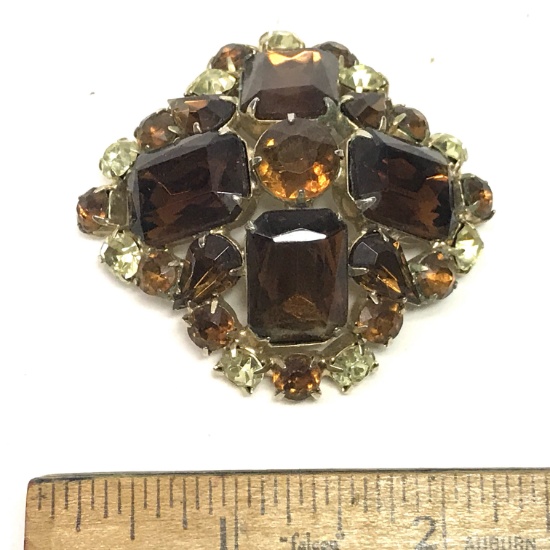 Vintage Gold Tone Brooch with Large Amber & Yellow Stones