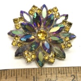 Pretty Vintage Floral Brooch with Iridescent & Gold Stones