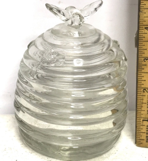 Vintage Ribbed Glass Honey Jar with Honey Bee Lid