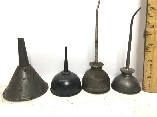Lot of Small Vintage Oil Cans & Funnel