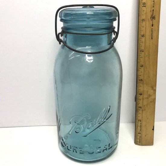 Vintage Blue Ball Sure Seal 2 Qt Mason Jar with Glass Lid #1