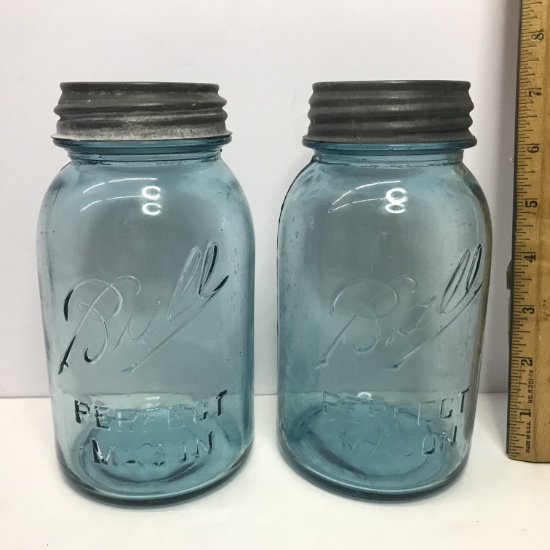Pair of Vintage Blue Ball Perfect Mason Jars with Zinc Lids #'s 3 & 6