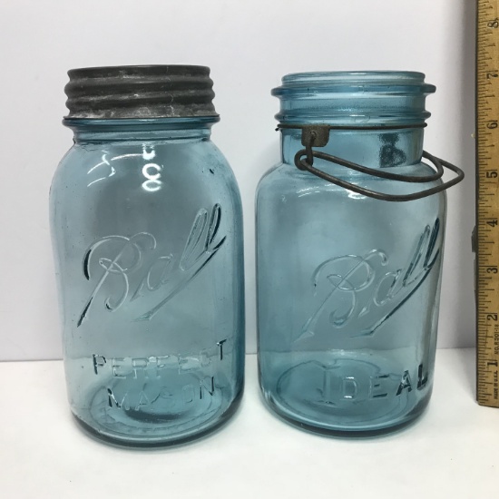 Pair of Vintage Blue Ball Perfect Mason Jars one with Zinc Lid #'s 9 & 7