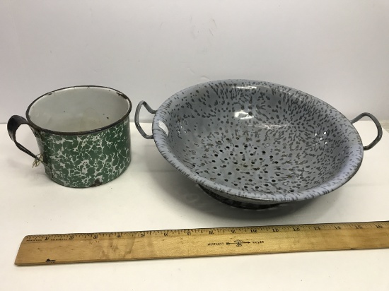 Vintage Graniteware & Enamel Ware Strainer & Mug