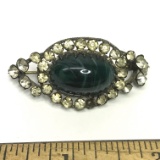 Antique Pin with Large Green Stone Surrounded by Clear Stones