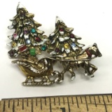 Beautiful Gold Tone Christmas Brooch with Multi-colored Stones