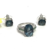 Beautiful Sterling Silver Ring with Green Stones Size 7 with Matching Sterling Earrings -NEW