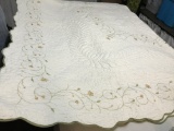 Beautiful King Size Quilt with Yellow Embroidered Flowers & Green Leaves & Stems
